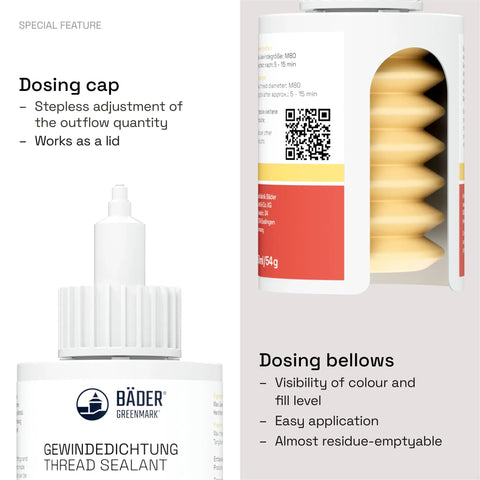 Dosing cap and bellows of B577Eco Medium Strength Thread Sealant For Large Threads Works On All Metals 50ml Yellow