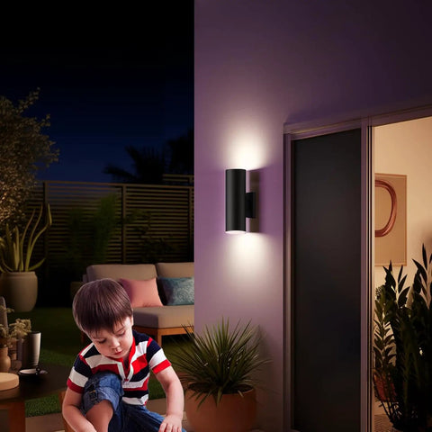 Up And Down Outdoor Wall Sconce With APP Control, RGB CCT Color Changing Exterior Light Fixture illuminating porch at night