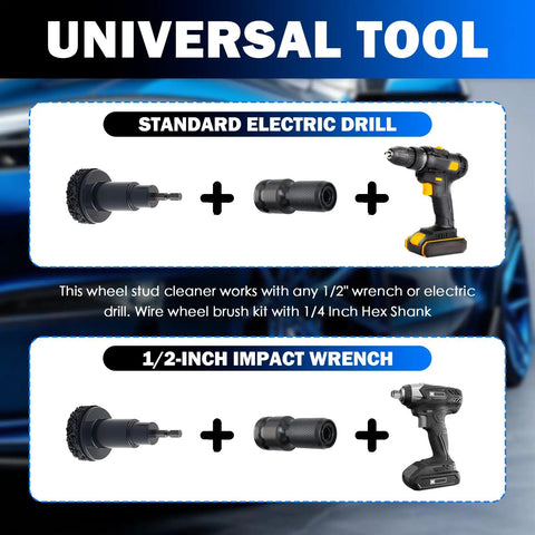 Universal tool compatibility for Professional Wheel Hub Cleaning Tool Kit featuring steel wire brush cups and pen brushes.