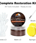 Medium Brown Leather Repair Kit And Recoloring Balm That Blends On Quick to mask scuffs fades and creases, includes gloves, sponge, and brush.