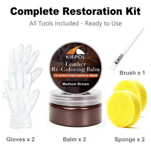 Medium Brown Leather Repair Kit And Recoloring Balm That Blends On Quick to mask scuffs fades and creases, includes gloves, sponge, and brush.