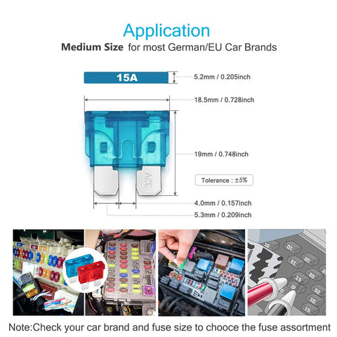 Rock Solid 50 Piece Standard Blade Fuse Assortment Kit ATC ATO APR image showing a 15A blue blade fuse dimensions and application for cars.