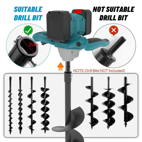 Cordless Post Hole Digger For 18V Battery Systems, Electric Earth Auger Drill Attachment suitability with drill bits shown