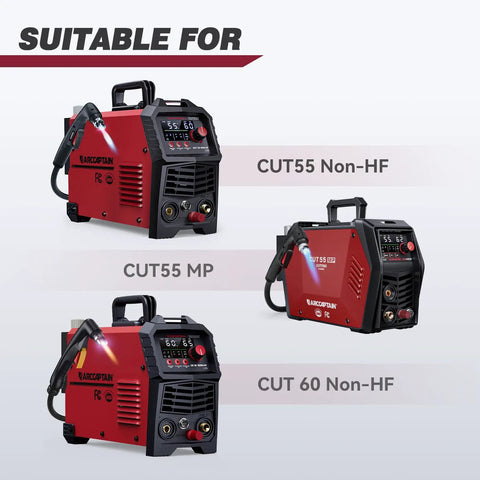 Plasma cutters compatible with IPT60 Plasma Cutter Torch Consumables Kit, CUT55 Non HF, CUT55 MP, and CUT60 Non HF models shown.