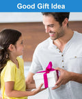 Man giving a gift box with pink ribbon to smiling girl, labeled as 'Good Gift Idea'