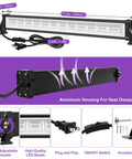Ultra Bright 42W LED Black Light Bar Set with Plug Switch detailed view showing dimensions, aluminum housing, and 180° bracket.