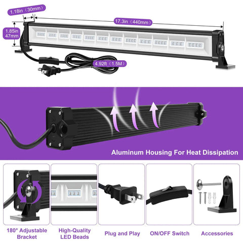 Ultra Bright 42W LED Black Light Bar Set with Plug Switch detailed view showing dimensions, aluminum housing, and 180° bracket.