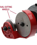 TurboShear TSPC1 Rotary Panel Cutter Drill Attachment showing dual cutting wheels for metal, vinyl, roofing, and wall panels.