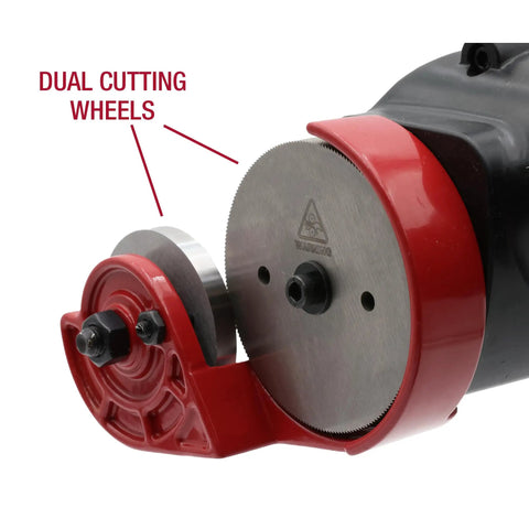 TurboShear TSPC1 Rotary Panel Cutter Drill Attachment showing dual cutting wheels for metal, vinyl, roofing, and wall panels.