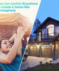 Woman using smartphone to control 4 Pack Smart LED Bulbs With 16W 1600 Lumens A21 Dimmable WiFi RGB CW Color Changing Tunable White 2700K-6500K