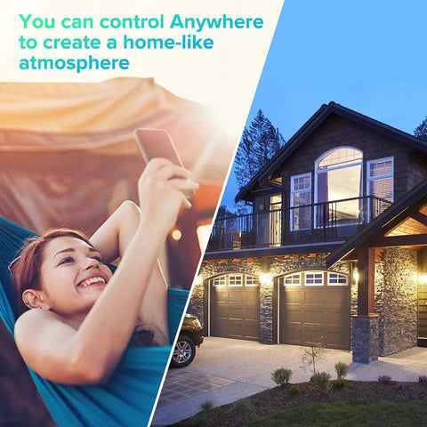 Woman using smartphone to control 4 Pack Smart LED Bulbs With 16W 1600 Lumens A21 Dimmable WiFi RGB CW Color Changing Tunable White 2700K-6500K