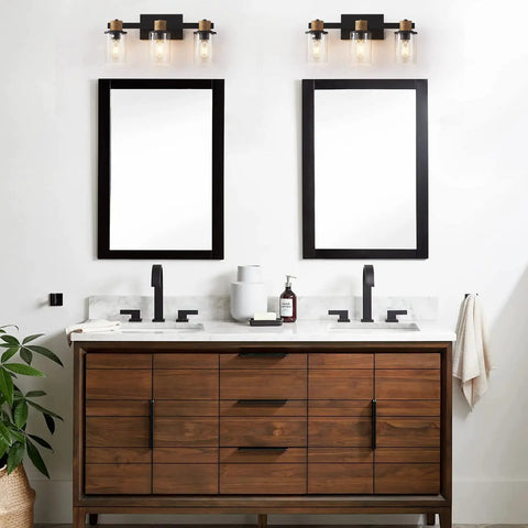 Bathroom with Cozy Farmhouse Vanity Light Fixture 3 Light Wall Sconce Over Mirror featuring matte black metal and distressed faux wood.