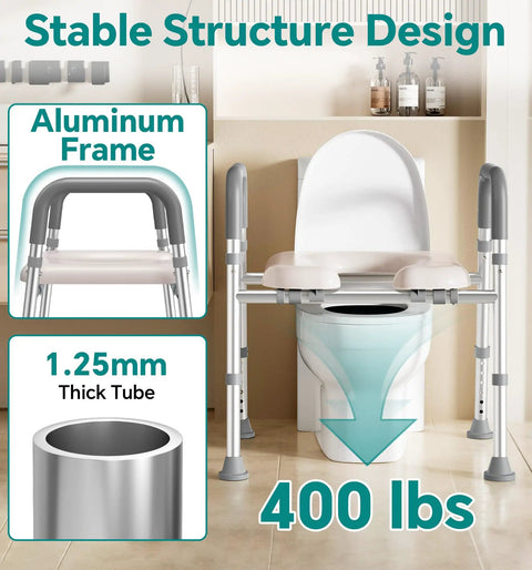 Heavy Duty Aluminum Toilet Seat Riser For Seniors With Sturdy Handle Bars And Thick Memory Padded Cushion Takes 400 Pounds No Sweat Install Quick Bathroom Swap, features aluminum frame and thick tube design.