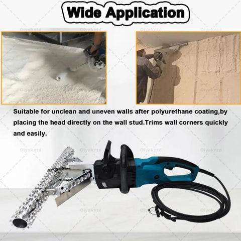 Foam Insulation Cutting Tool For Efficient Removal And Smooth Finishing In Construction Projects With A Beefed Up Extra Long Cutter Head For Fast Flat Edges And Quick Trim From A Durable Power Head on display with example applications.