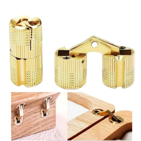 Hidden Barrel Hinges 2 Pack With Gold Copper Finish for cabinet doors, showing concealed mounting in wood, 8-18mm adjustable.