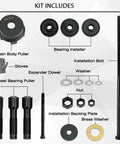 Heavy Duty Wheel Bearing Puller And Press Kit For Harley Davidson Motorcycles parts display including main puller, bearings, and tools.
