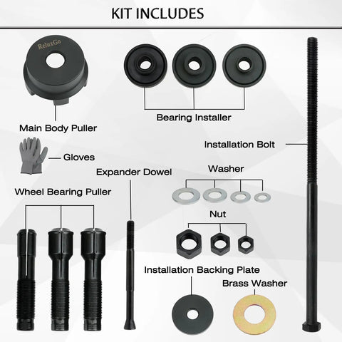 Heavy Duty Wheel Bearing Puller And Press Kit For Harley Davidson Motorcycles parts display including main puller, bearings, and tools.
