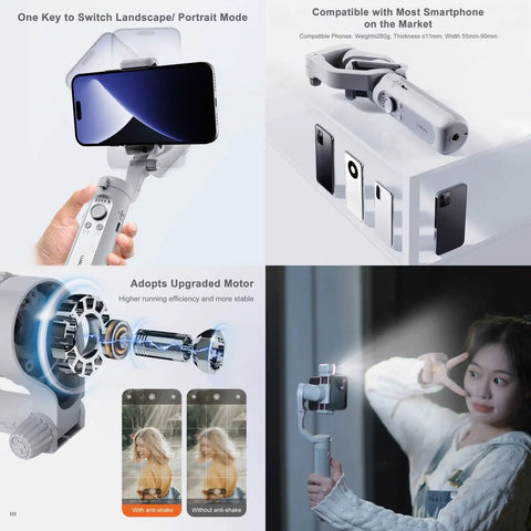 Image of ISteady XE 3 Axis Smartphone Gimbal Stabilizer with Foldable Design showing landscape mode, motor detail, and user demonstration.