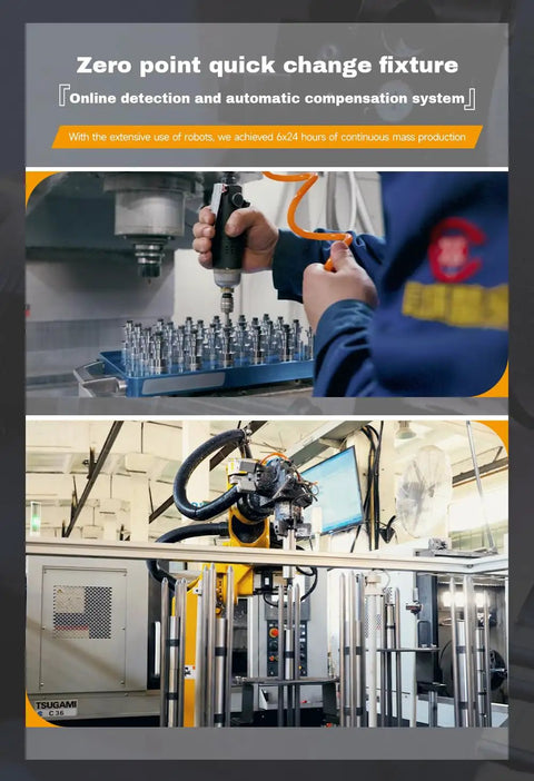 Zero point quick change fixture in use, showing robotic automation and tool adjustment for efficient production.