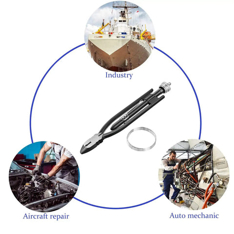All In One 9 Inch Safety Wire Twisting Pliers With 10 Meters Of 0.5mm Wire, showing applications in aircraft and auto mechanics.
