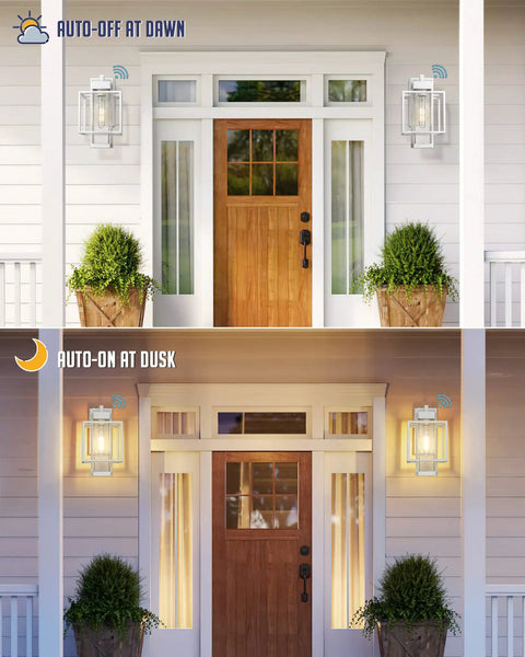 Dusk To Dawn Sensor Outdoor Wall Light Two Pack Aluminum Exterior Wall Mount Fixtures in white finish day and night view