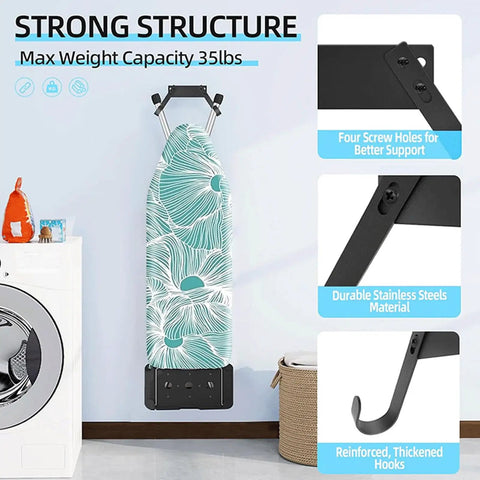 Wall Mount Ironing Board Hanger Kit Carbon Steel Holder for T Shaped and Y Shaped Legs installed in laundry room.