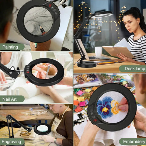 5X Magnifying Glass With Light And Stand for DIYers, Crafters, Hobby Nerds in use for painting, embroidery, engraving, nail art