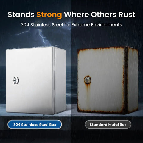 Heavy Duty 304 Stainless Steel Electrical Junction Box IP65 Waterproof Lockable Metal Enclosure For Indoor And Outdoor 14 By 10 By 6 Inch comparison of rust-resistant box and rusted standard box