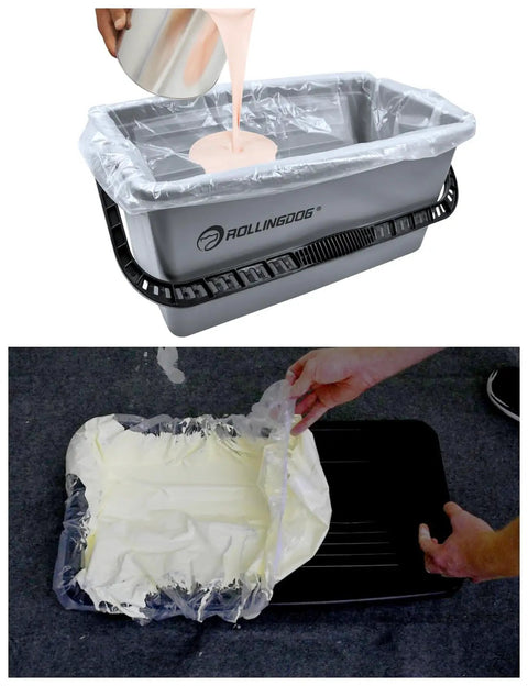 Pro Grade 20 Piece Paint Roller Set With Adjustable Frame And Extension Pole jumbo mini roller shown with tray and disposable liner.