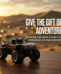 Dope Amphibious RC Monster Truck For Kids With Dual Batteries on wooden surface with desert background at sunset