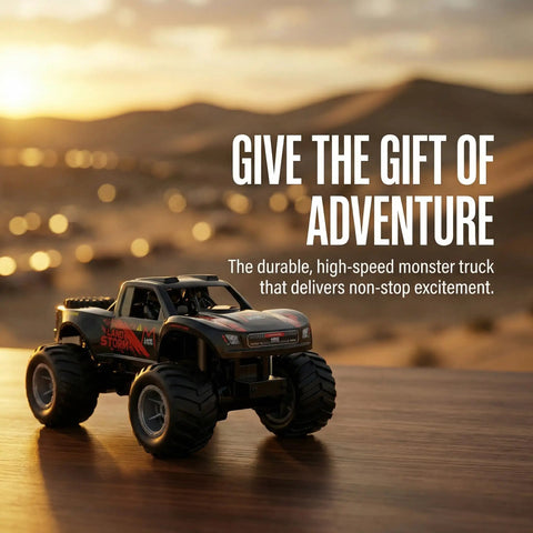 Dope Amphibious RC Monster Truck For Kids With Dual Batteries on wooden surface with desert background at sunset