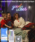 Family in bedroom with Good Vibes Neon Sign For Wall Decor With Addressable Dream Color LEDs WS2812B RGB Neon Light glowing
