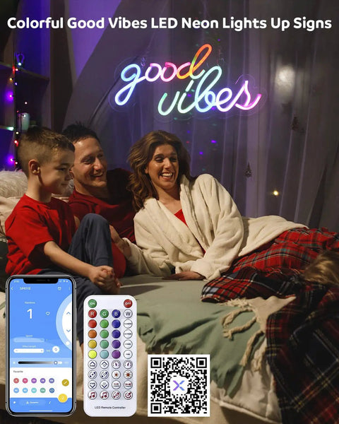 Family in bedroom with Good Vibes Neon Sign For Wall Decor With Addressable Dream Color LEDs WS2812B RGB Neon Light glowing