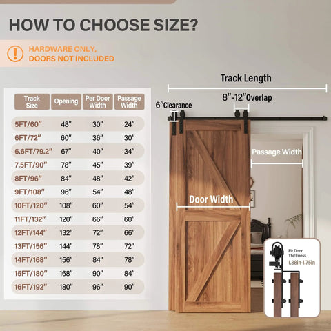 Diagram showing size options for Heavy Duty Barn Door Hardware Kit For Double Bypass Doors 10Ft Single Track With Antique Roller.