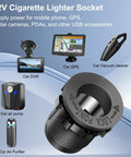 12V Cigarette Lighter Socket shown with USB accessories including GPS, vacuum cleaner, and air purifier as charging devices.