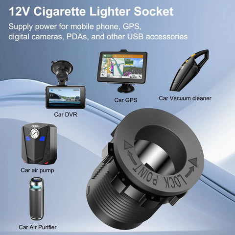 12V Cigarette Lighter Socket shown with USB accessories including GPS, vacuum cleaner, and air purifier as charging devices.