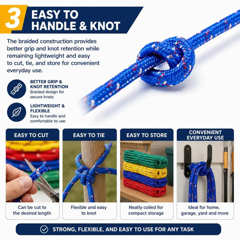4 Pack 50 Feet Each Three Eighths Inch Polypropylene Rope showing easy knotting and storage features.