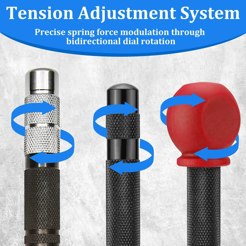 Image showing Tension Adjustment System with three center punches featuring different heads for adjustable spring force.