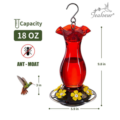 Outdoor Hummingbird Feeder 18 Oz With 6 Bee Guard Ports Built In Ant Moat Easy To Clean Durable Unbreakable Material 360 Degree Viewing Hanging Bird Feeder For Garden Decor Red