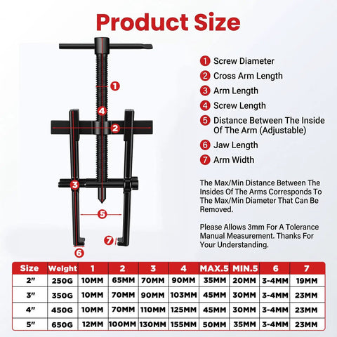 Heavy Duty Bearing Puller Tool Kit 2 Jaw Adjustable Gear Remover For Auto Motorcycle Chrome Vanadium Steel Ensures Durability On Flywheels And Engines size chart