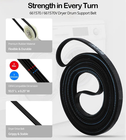 Beefed Up Dryer Repair Kit With W10837240 W10314173 Idler Pulley And Drum Rollers 661570V Belt for dryer with grooves and ribs