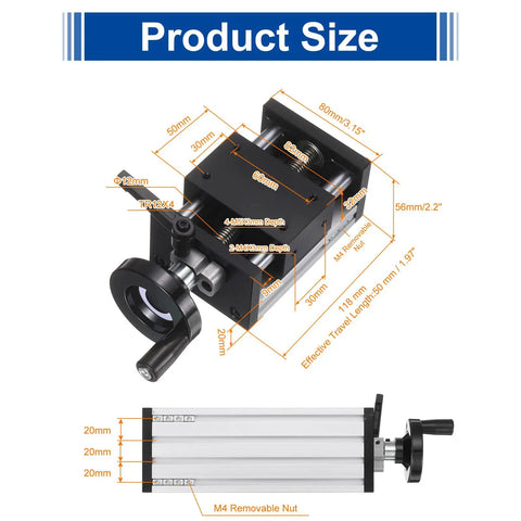 Dimensions and specifications of 50mm Travel Manual Sliding Table With Double Axis Linear Stage TR12X4 Acme Lead Screw.
