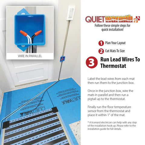 Radiant Floor Heating Mat For Floating Floors 3x10 Ft 240V Cuttable Mat installation showing wiring to thermostat