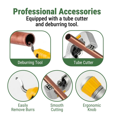Ratcheting Pipe Bender Set For One Quarter To Seven Eighths OD, deburring tool and tube cutter for HVAC plumbing