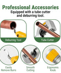 Holdwell 90 Degree Ratcheting Pipe Bender Kit With Seven Color Coded Aluminum Heads For Hvac And Plumbing Use Cutters Included To Snip Copper Tube Effortlessly Compact Travel Case For Easy Storage And Portability On Any Job Site Or In The Garage Today. Professional accessories with deburring tool and tube cutter.