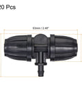 Drip Irrigation Barbed Tee Three Way Fitting For 8mm To 4mm ID Tubing with dimensions, durable black plastic, pack of 20