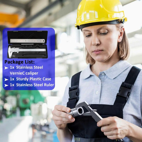 Worker using Analog Vernier Caliper 6 Inch 150mm Stainless Steel Measuring Tool With Dual Reading Scale in a workshop.