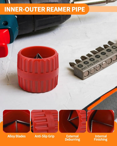 Front view of red plastic pipe deburring tool with ribbed body and inner blades; drill nearby.