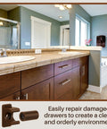 False Drawer Front Clips Set Dark Brown 8 Pieces With Screws in a bathroom cabinet setting with tile countertop and sink.