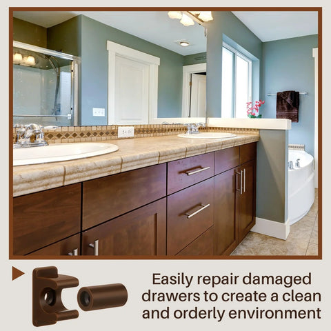 False Drawer Front Clips Set Dark Brown 8 Pieces With Screws in a bathroom cabinet setting with tile countertop and sink.